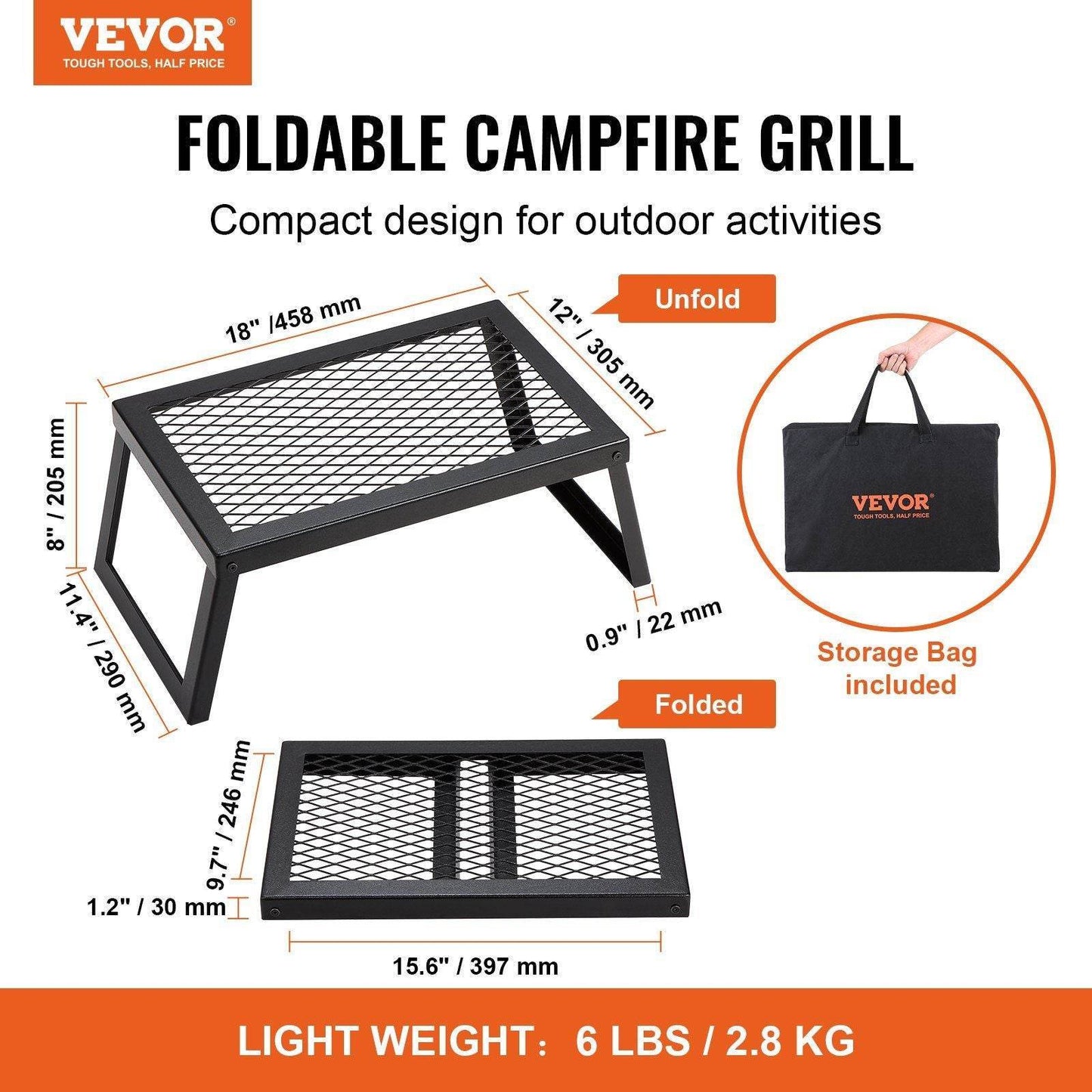 18" Portable Grilling Rack for Outdoor Open Flame Cooking